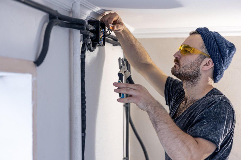 Un électricien monte des prises électriques sur le mur blanc à l'intérieur.